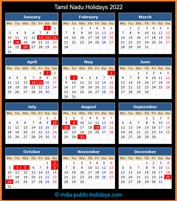 Tamil Nadu Holiday Calendar 2022